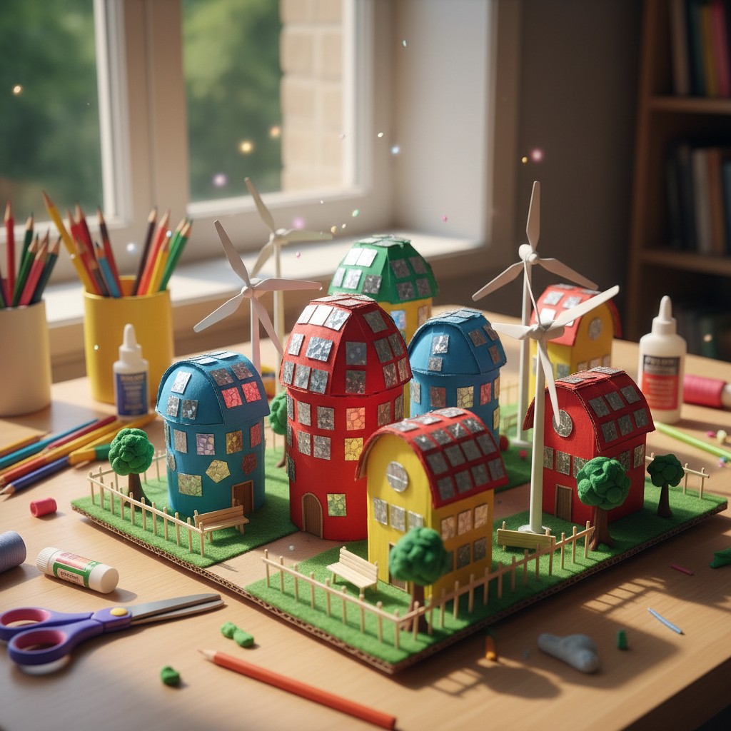 A miniature village, crafted from cardboard and other materials, with vibrant colors and intricate details, displayed on a...