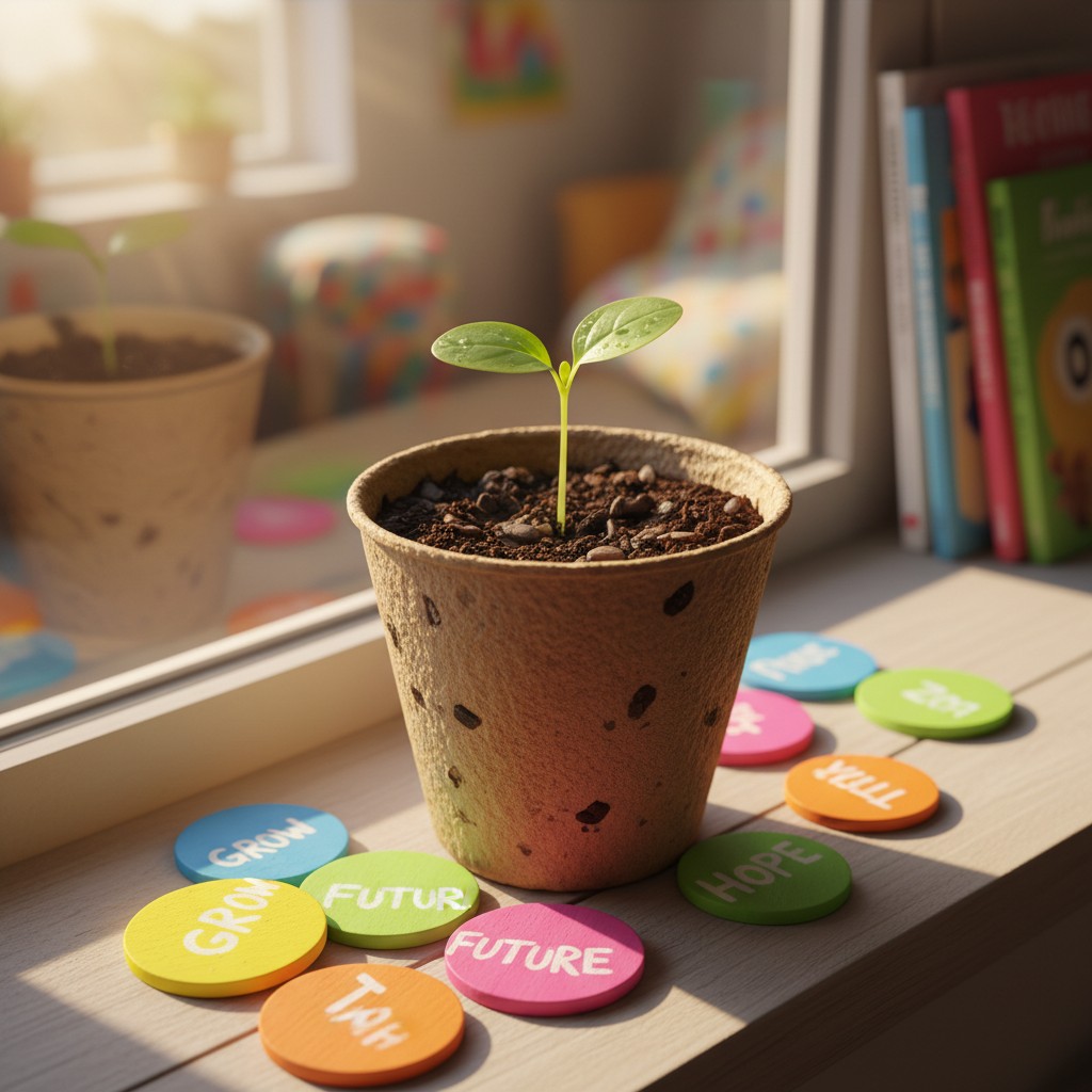 A small seedling in a pot on a table, with the words "grow," "future," "try," and "hope" written on round, colorful tiles ...