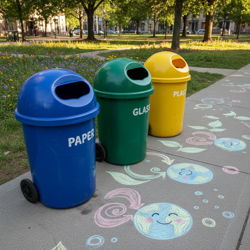 An outdoor scene featuring sidewalks, colorful trash bins, and chalk drawings: three recycling bins and chalk art, includi...