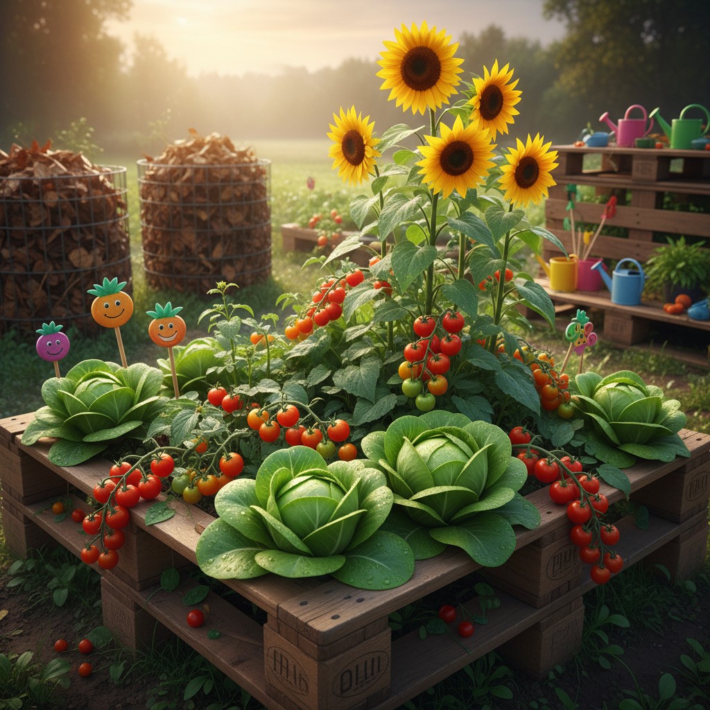 A sunny garden scene, featuring leafy greens, sunflowers and cherries, on a wooden table.